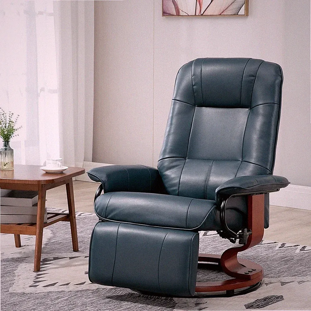 Adjustable Manual Swivel Base Recliner Chair with Extending Footrest in Blue