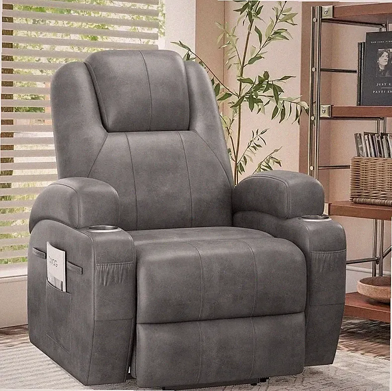 Gray Leather Power Lift Heat Massage Armchair Recliner Arm Chair Cup Holder Grey