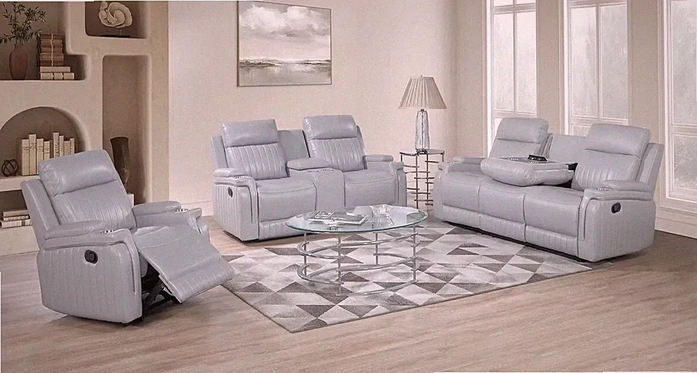 NEW 3PC Sofa Loveseat Chair Light Gray Leather Air 5-Recliner Living Room Set