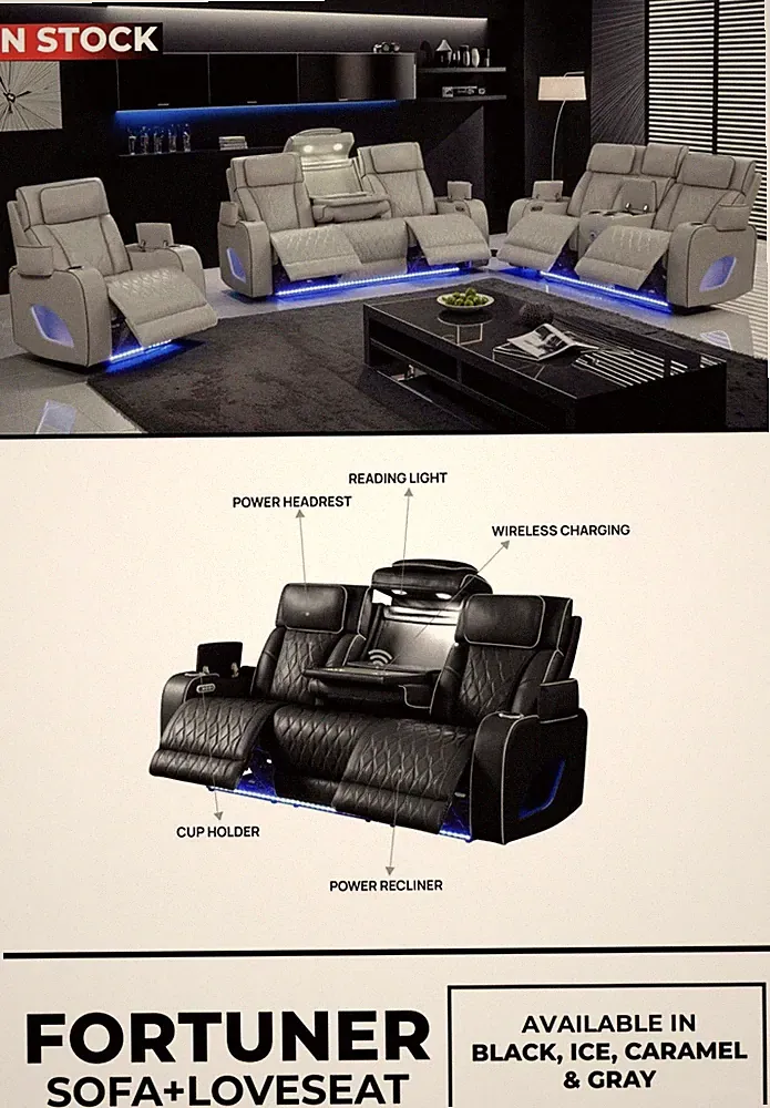 NEW Beige Gray LED Power Recliner & Adj Headrest 2PC Sofa Set Bluetooth Speaker